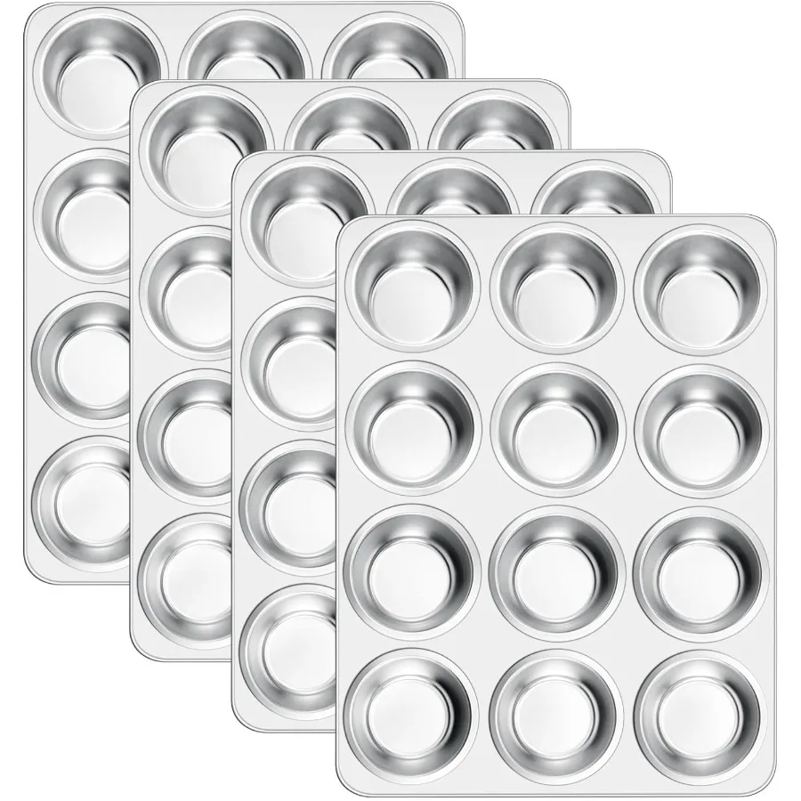 

Набор форм для кексов на 12 чашек из 4 формы для кексов из нержавеющей стали. Нетоксичные металлические формы для кексов. Лоток для выпечки небольших мини-кеексов для тяжелых условий эксплуатации.