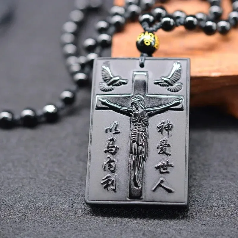 Natural Chinese Obsidian Black Hand Carved Cross Pendant Fashion Boutique Jewelry Men and Women Jesus Cross Necklace PopularGift