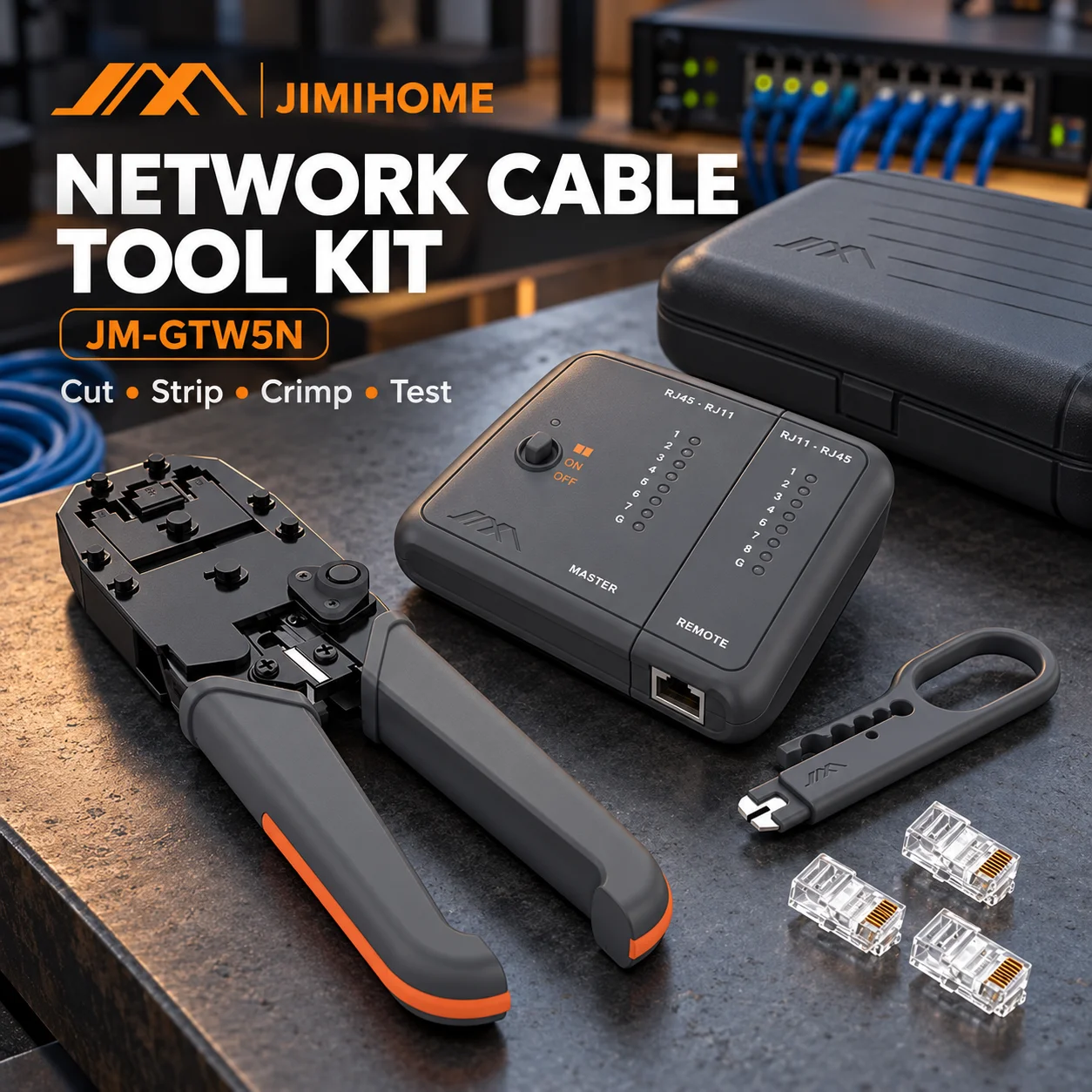 JIMIHOME GTW5N Network Cable Tool Kit with RJ45 RJ11 Tester, 3-in-1 Crimper, Wire Stripper, 20 Cat6 Plugs & Case