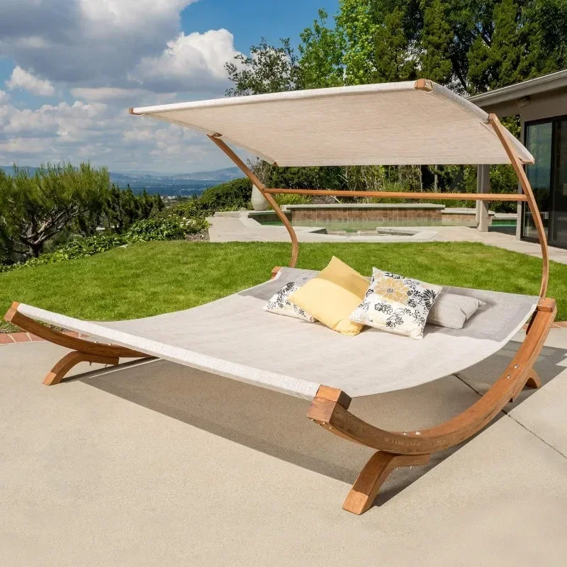 Bblythe Outdoor Patio Lounge Daybed Hammock with Adjustable Shade Canopy, Teak