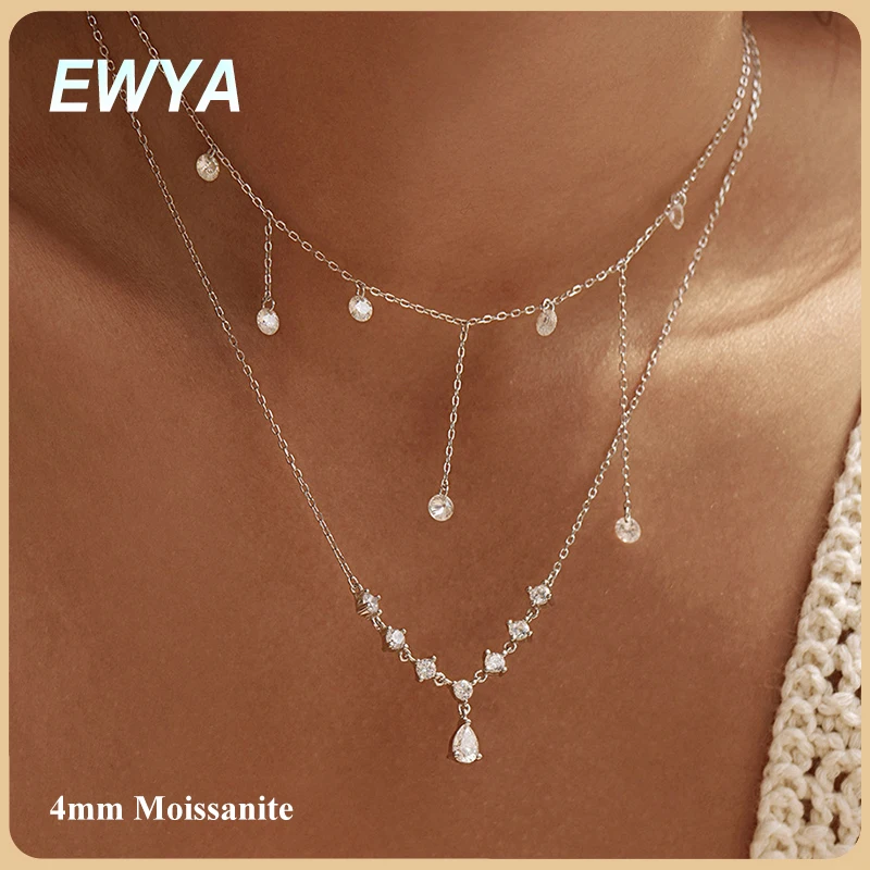 EWYA 0.3CT Moissanite Dangle Tassel Choker Necklace Women S925 Silver Round Cut Lab Diamond Stackable Drop Collar Neck Chain