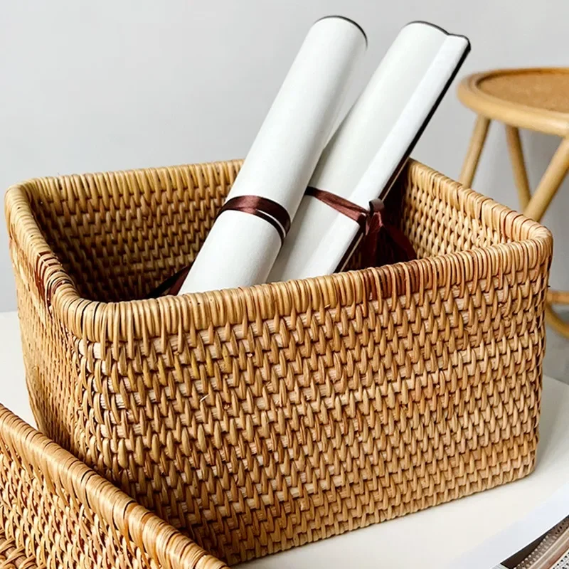 Handwoven Rattan Storage Basket Square Wicker Tray Picnic Basket Bread Food Plate Fruit Cake Sundries Box Kitchen Decoration