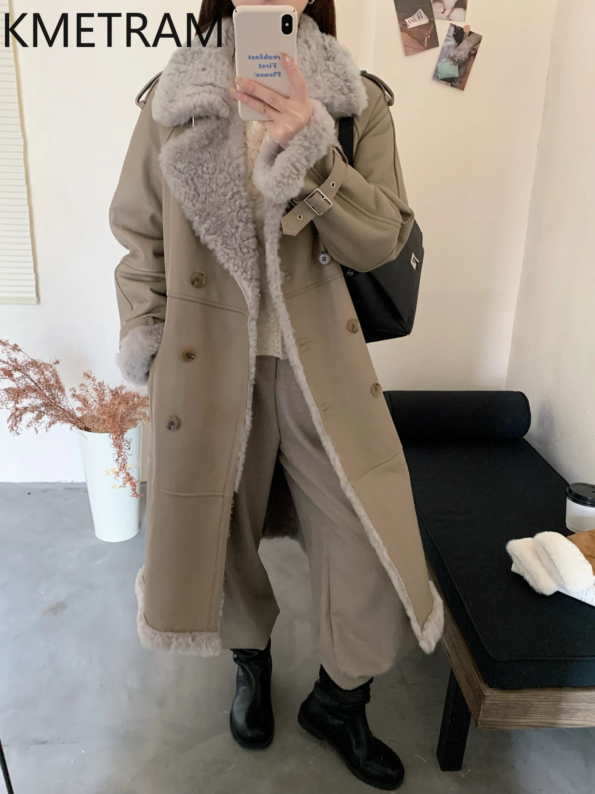 KMETRAM Natural Sheepskin with Wool Attached Coat Women Luxury Long Real Fur Coats New in Outerwears Winter Woman Clothing шуба