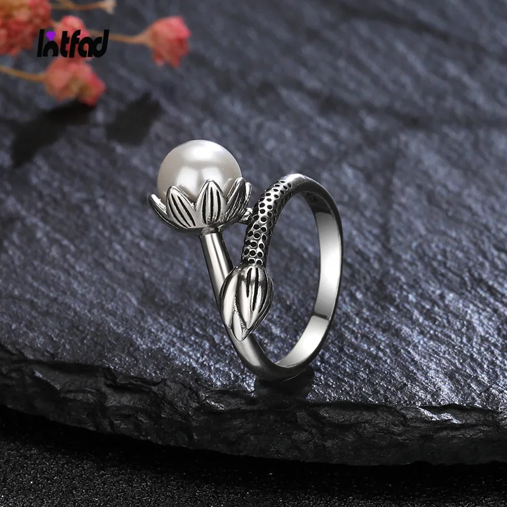 

925 Sterling Silver Rings 8MM Natural Pearl Ring Flower Shape Vintage Creative Fine Jewelry for Women Anniversary Gift