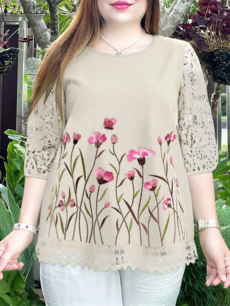 ZANZEA Women Embroidery Blouses Vintage Floral Tops 3/4 Sleeve O Neck Summer Blusas 2025 Elegant OL Tunics Casual Loose Pullover