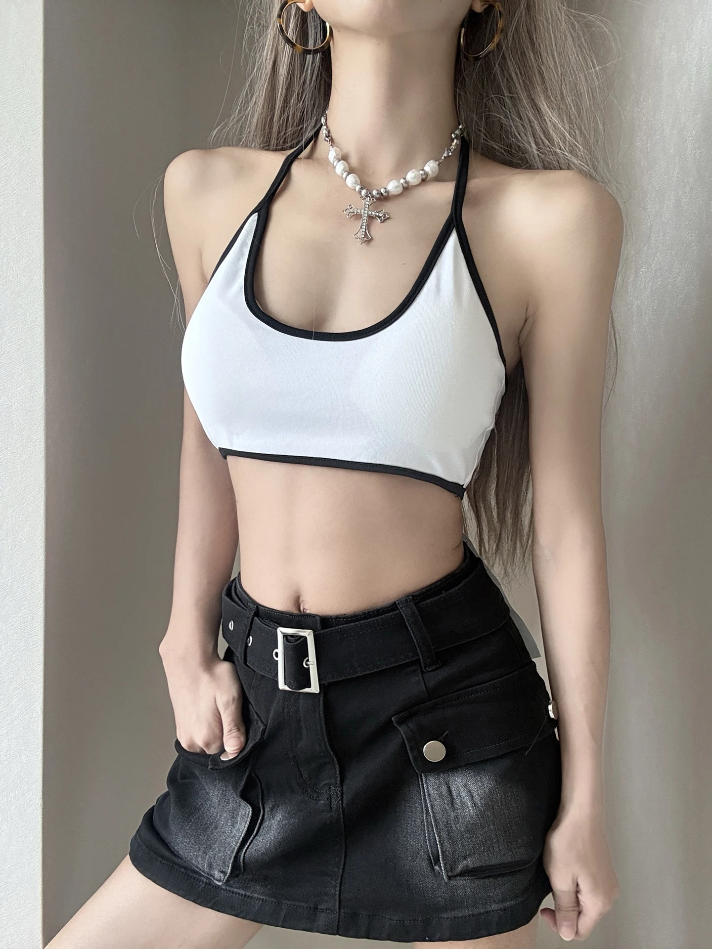 MianCun Fixed Sports Bra Women's round Neck Vest Style Underwear Summer Versatile Color Block Backless Sports Innerwear