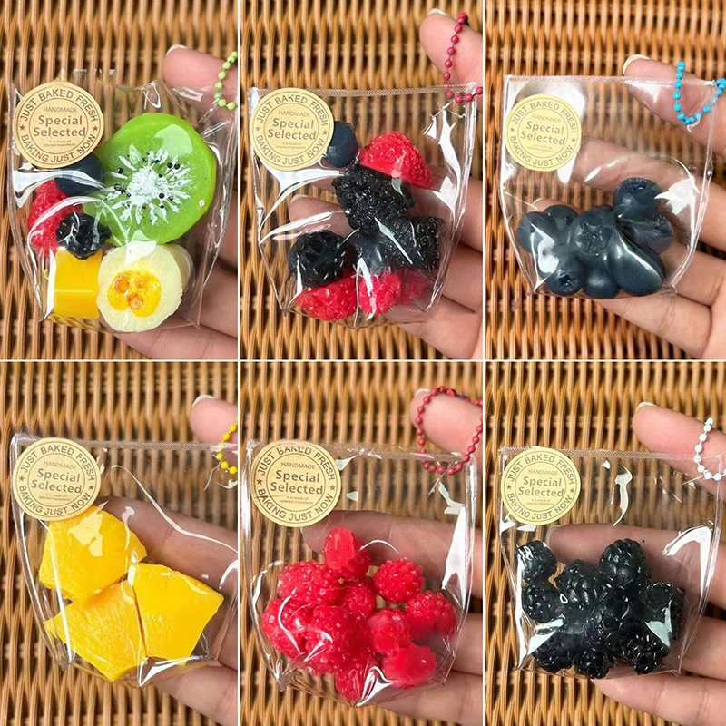 Kawaii simulação alívio do estresse brinquedo pegajoso tpr mini saco de frutas chaveiro pingente alívio super macio squeeze brinquedo presentes para crianças