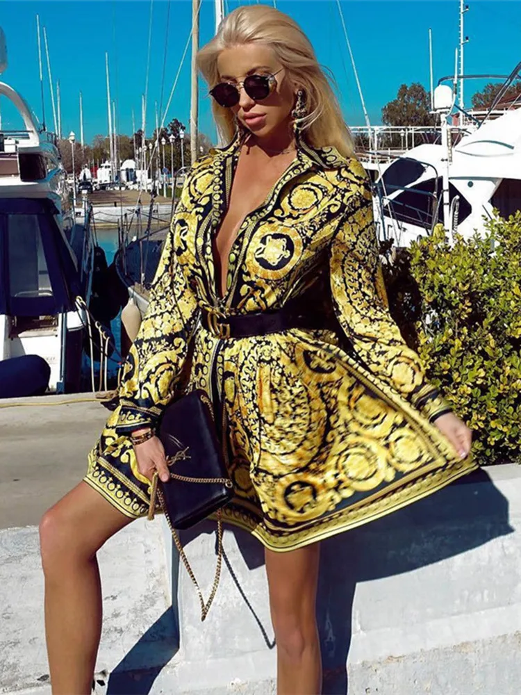 Elegant Printed Shirt Dress Women Vintage Long Sleeve Party Dress Mini Short Autumn Dresses Streetwear Winter Clothing Women