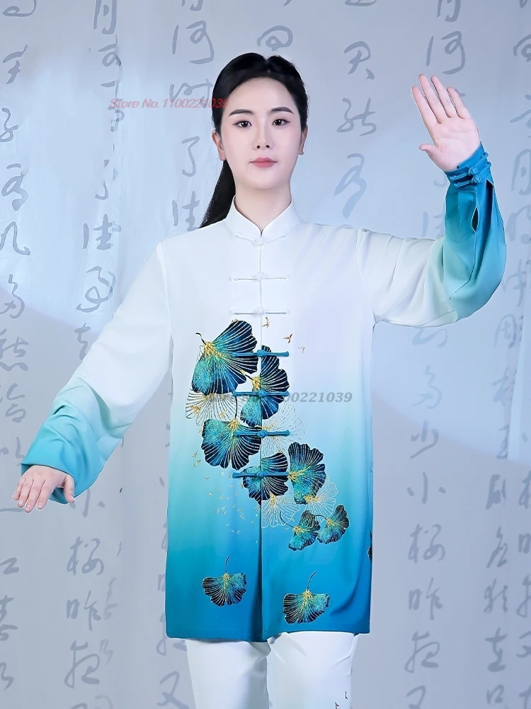 2025 chinese kung fu tai chi martial arts taijiquan wushu uniform national flower print tops+pants set exercise training suit image 2