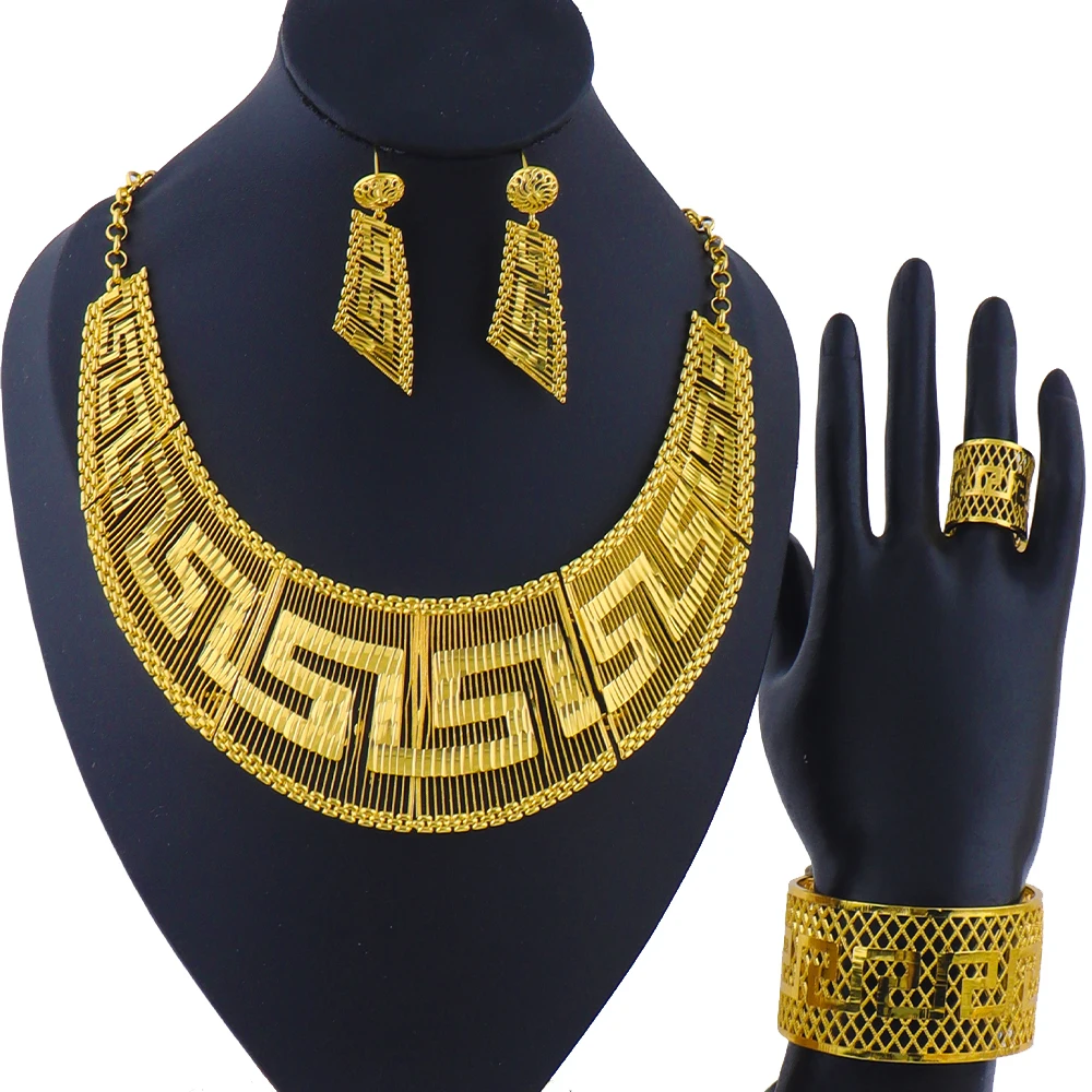 

Fashion Woman Luxury 18K Gold Plated Jewelry SetDubai Necklace Earrings Bracelet Ring Wholesale Free Shipping