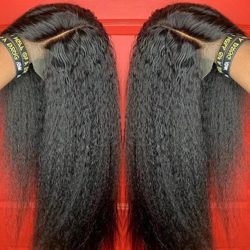 

Yaki Kinky straight Soft black 26 inch 180 Density Lace Front Wig For Women With Baby Hair Synthetic Preplucked Glueless Daily