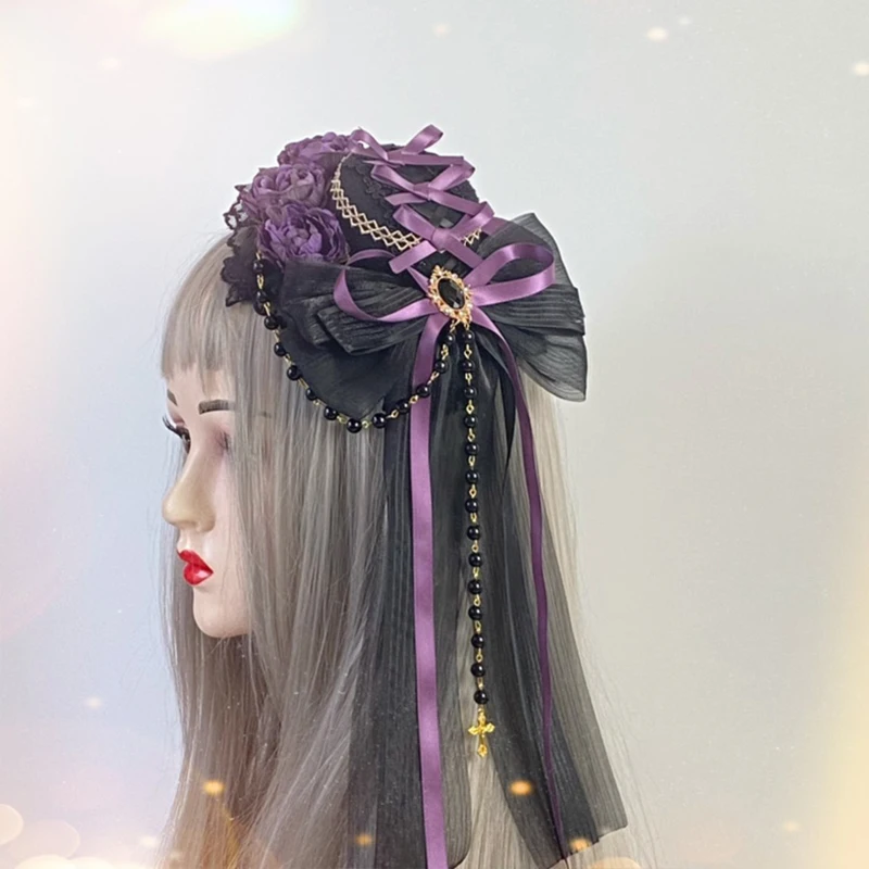 Coiffure Lolita de Style gothique, 1 pièce, nœud en dentelle Rose, petit chapeau plat élégant, couvre-chef pour fille, accessoires pour cheveux Cosplay d'halloween