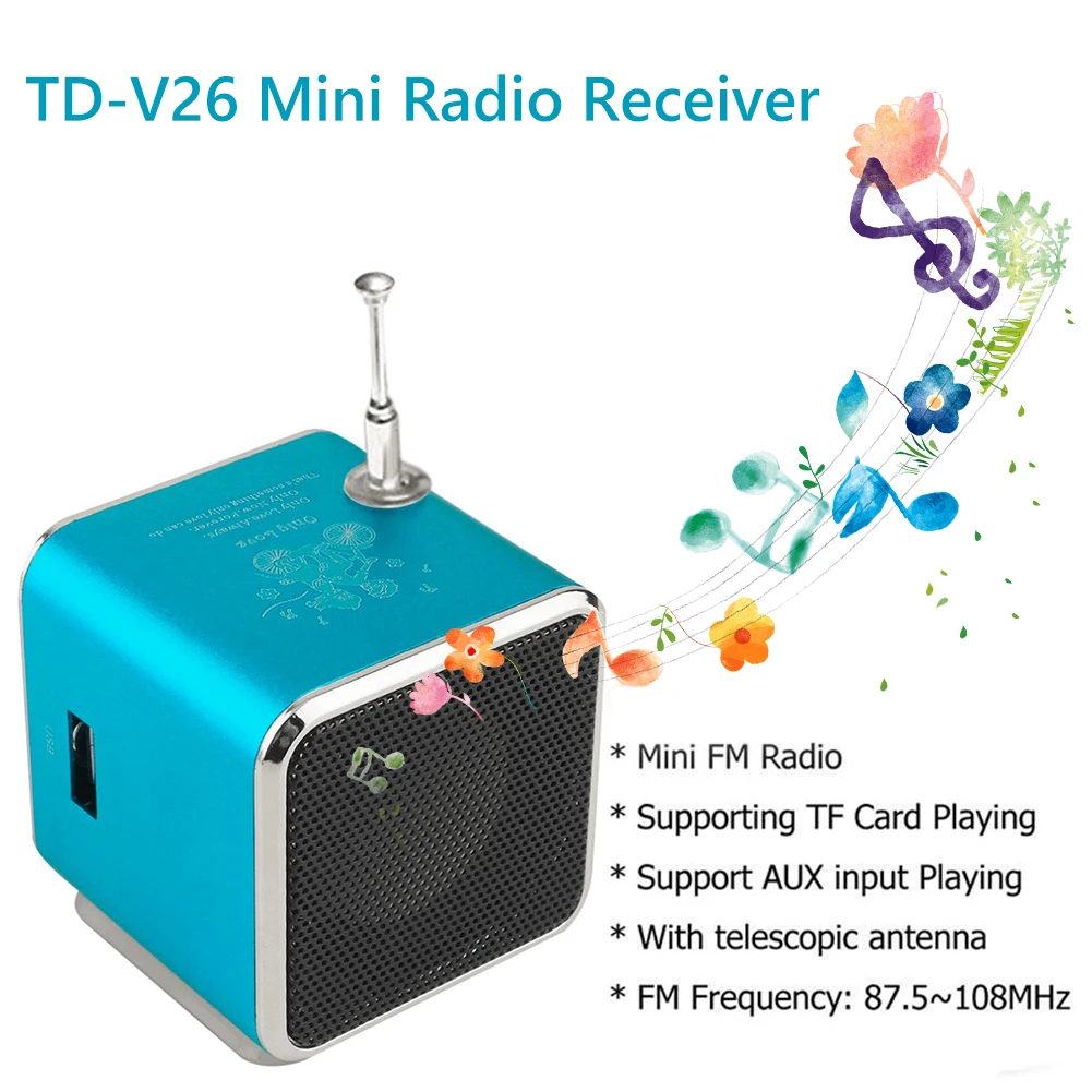 FM Portable Mini Radio TD-V26 Speaker Bluetooth 5.0 FM Radio Receiver MP3 Player Soundbar TF Card