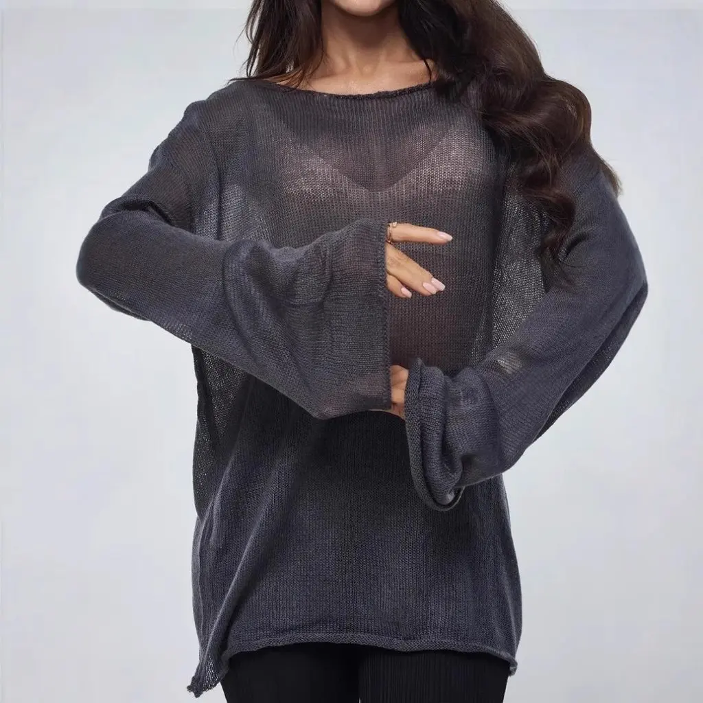 

Women's Cut out Knitwear Spring Summer See-Through Thin Large round Neck Bell Sleeve T-Shirt European American Style