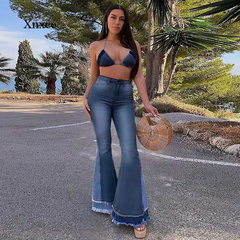 

Women Fashion Casual Washed Jeans High Waist Slim Stitching Flare Jeans Female Denim Trousers Elastic Vintage Bell Bottom Pants