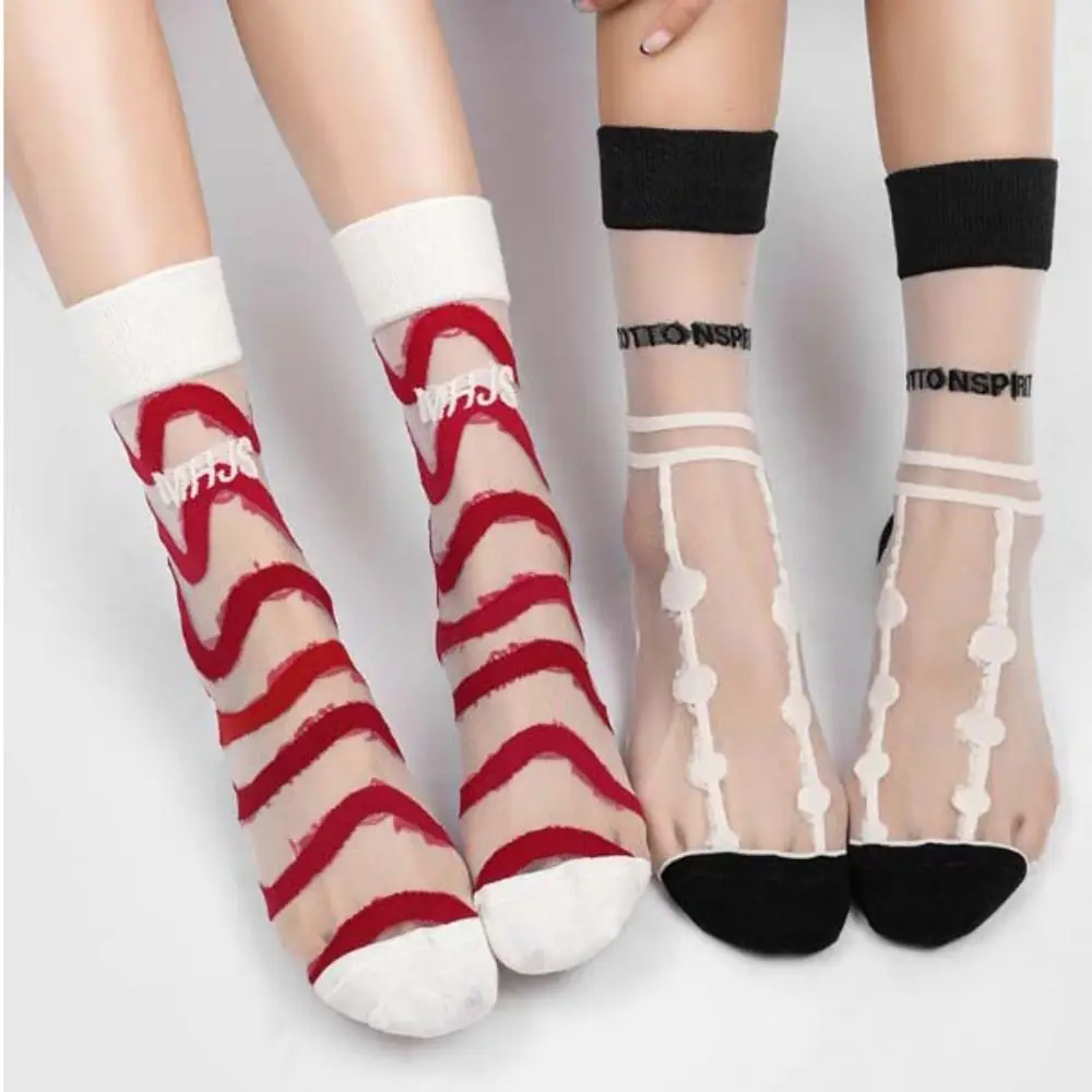 Забавные полосатые волнистые стеклянные шелковые прозрачные сетчатые носки с надписью в горошек Женская Блестящая шелковая Бриллиантовая кожа ультратонкая летняя Лолита