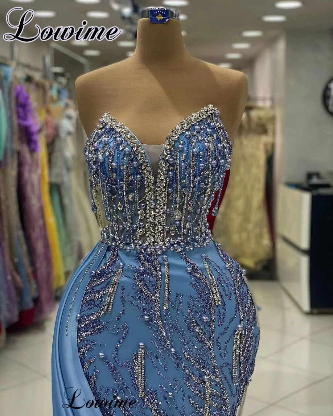 Blue Crystals Cocktail Dresses With Pearls Sweetheart Mermaid Prom Dresses For Women Vestidos De Cóctel Wedding Party Dresses