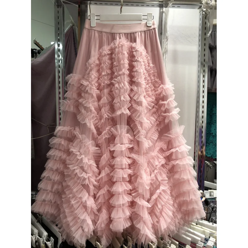 

Design Sense Foreign Trade Mesh Heavy Industry Outer Grade Large Hem Long Skirt Slimming Hip Covering Gorgeous Cake Skirt Manufa