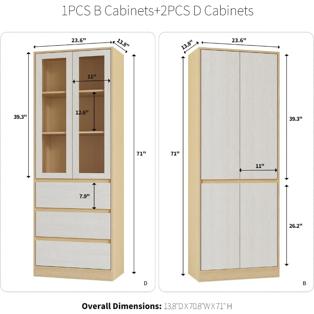 Kitchen Cabinets Bookcase with Drawers and Glass Doors, 5-storey Modern Bookshelf with Open Storage, Wooden&white Home Furniture