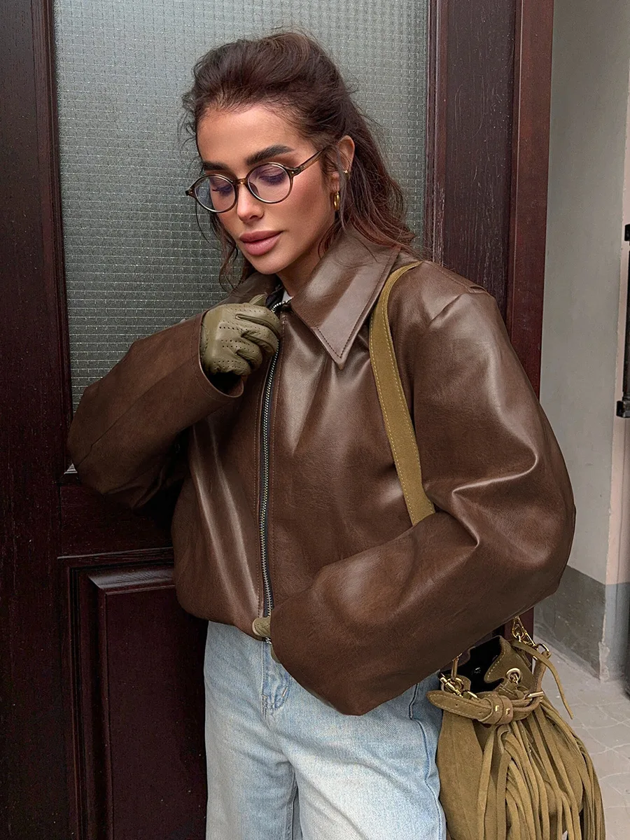 Vintage Lederjacke Frauen Motorrad Kunstleder Kurzmantel Streetwear Herbst Winter Casual PU Umlegekragen Oberbekleidung