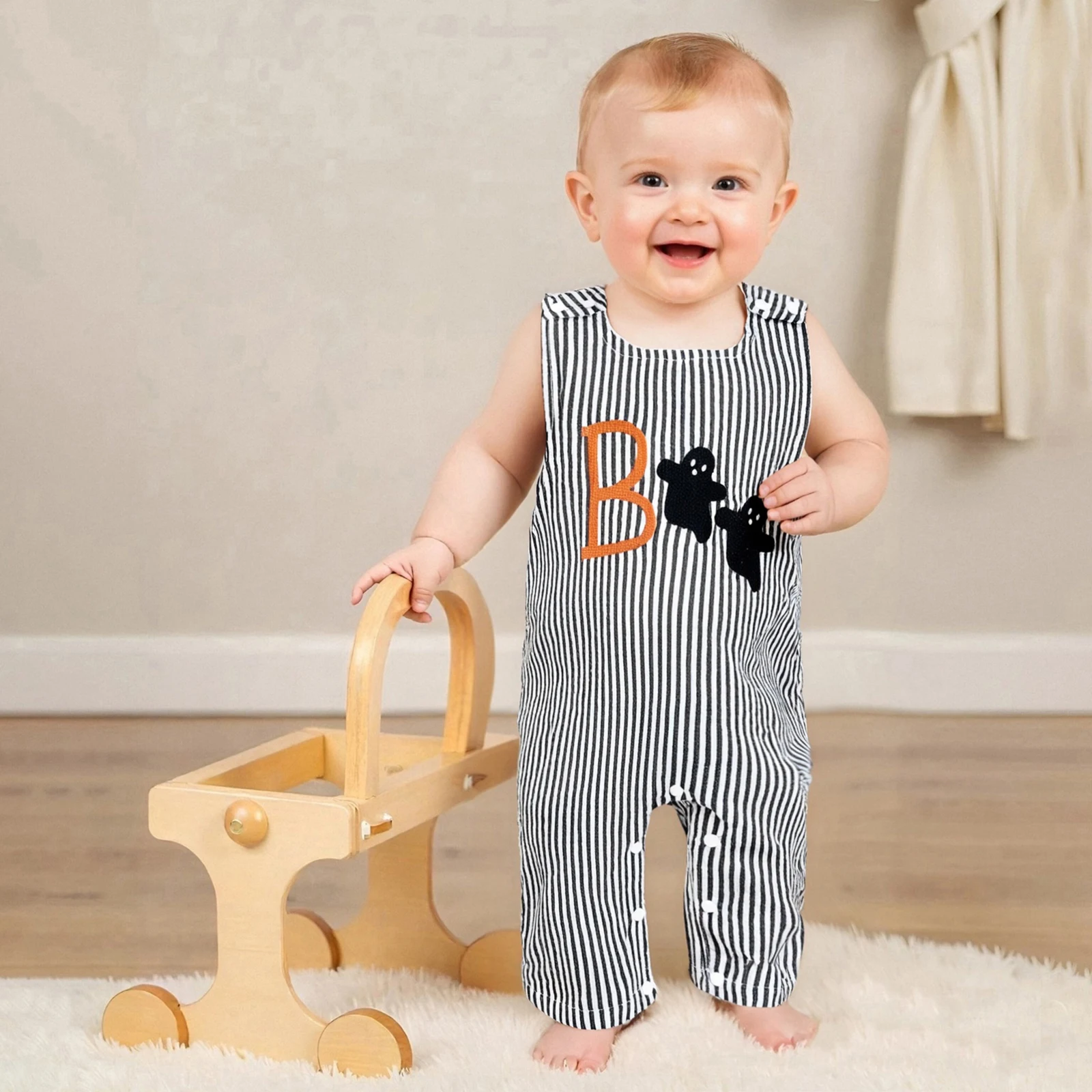 Baby Boys Jumpsuit, Sleeveless Crew Neck Stripes Embroidery Pumpkin/Ghost Summer Romper Halloween Clothes