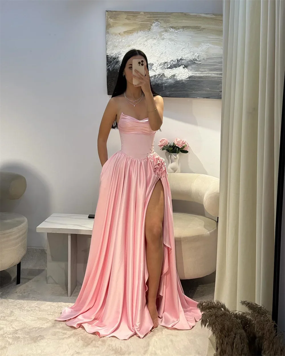 

Customized Pink Sweetheart Rhinestones Evening Dresses Crystal Side Split vestidos de noiva Pleated Sleeveless Prom Party Gown