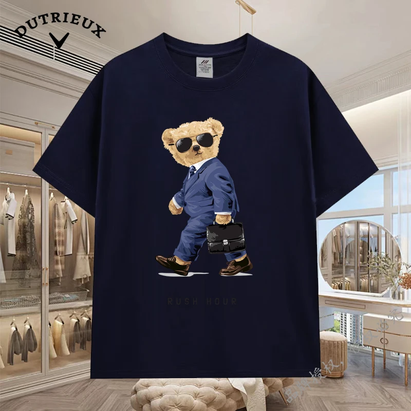 2024 New Luxury Bear Short Sleeved Men's and Women's Loose 230g Fabric weight Cotton Versatile Round Neck Breathable Inner Layup