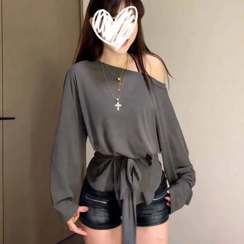 Thin Sun Protection and Slim Design Loose Long-sleeved Straps New Waist-closing Blouse Versatile Slim-fit T-shirt Top image 3