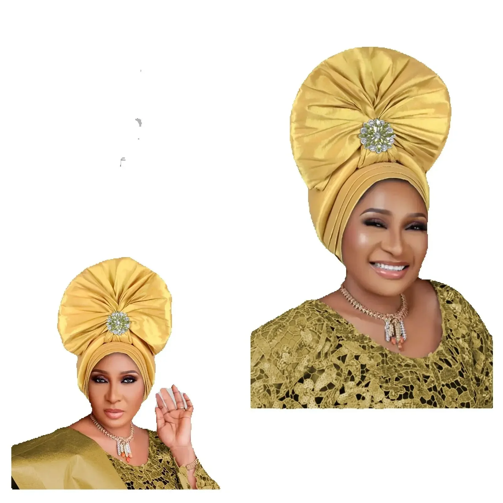 

Fashion Women's Turban Cap African Auto Gele Headtie Wedding Geles Party Headgear Female Head Wraps Diamond Autogele Head Ties