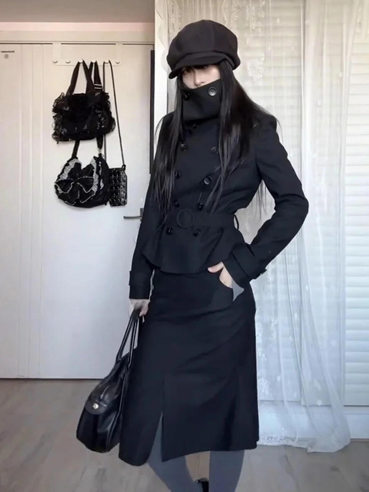 

Stazf7 Autumn Winter Women's Fashion plus Size Coat Set with Stand Collar Fish Tail Skirt Double Row Buttons High Waist