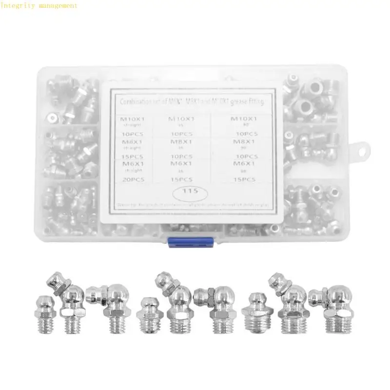 

115Pcs Metric Hydraulic Grease Fittings Metal Zerk Grease Nipple Fittings Assortment Straight 45 Degree 90 Degree