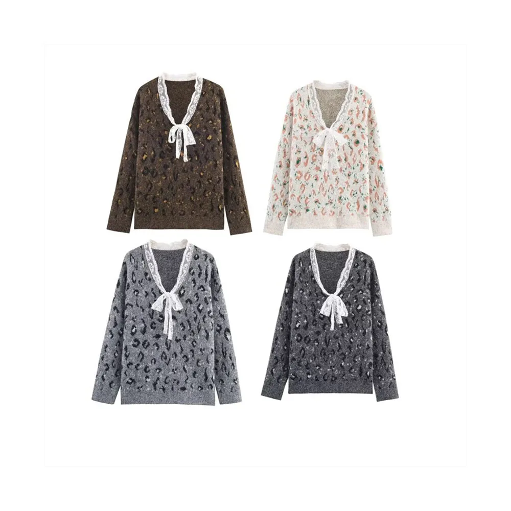 

Осенняя новая женская одежда, модный темпераментный повседневный кружевной пуловер с леопардовым принтом, вязаный свитер