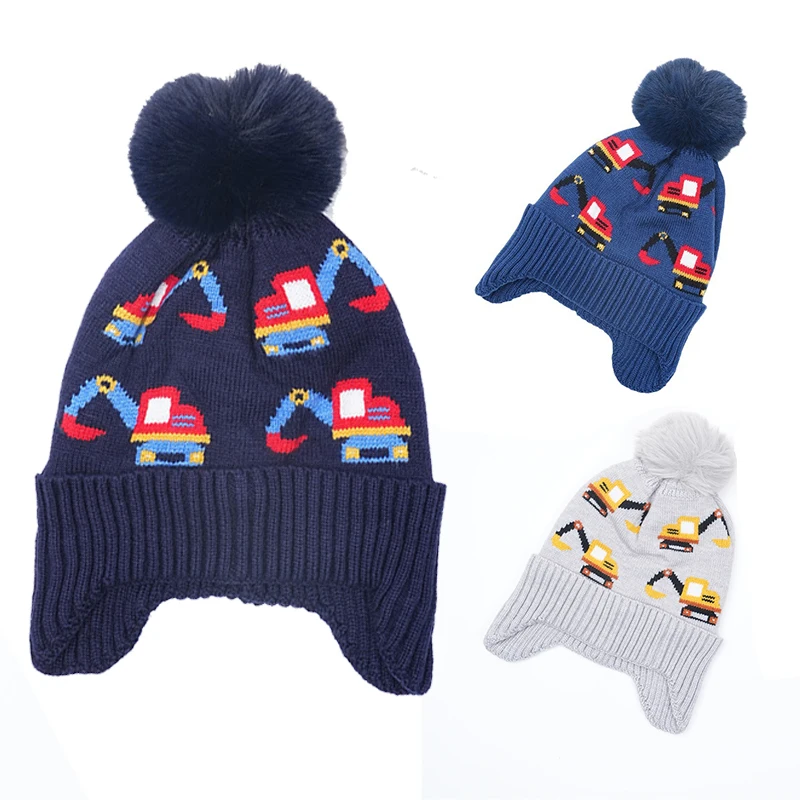 

Knit Baby Boy Hat with Earflap Excavator Cartoon Design Woolen Hat Children Autumn Winter Warm Double layer Plush Lining 2-8Y