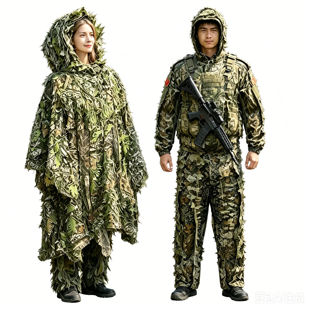 Men Ghillie Suit Women Kids 3D Leafy Bionic Camouflage Hunting Clothing CS Shooting Suit Tactical Combat Clothes Set