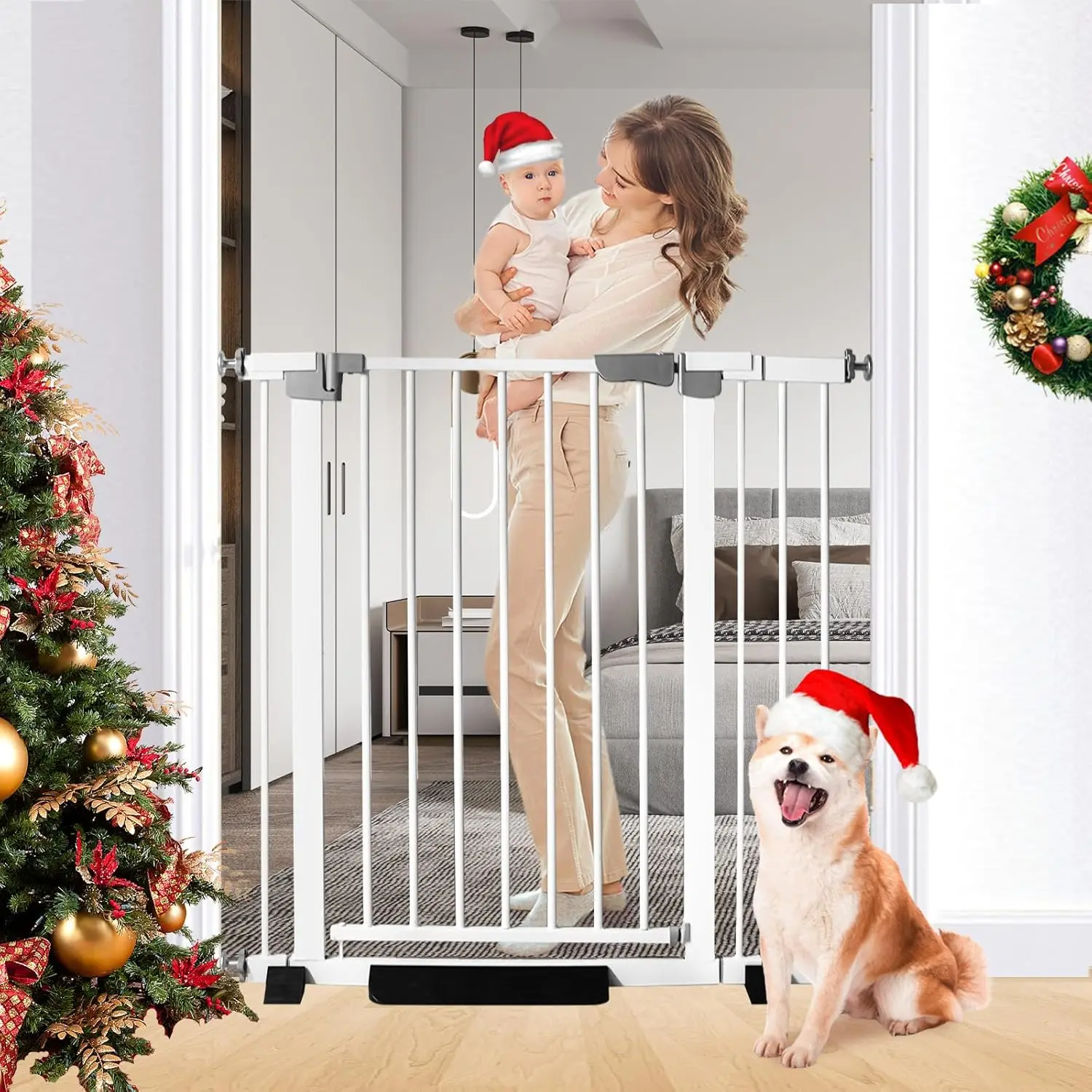 

41" Tall Adjustable Pet Gate, Auto Close, No Drill Mount for Stairs and Doorways, White
