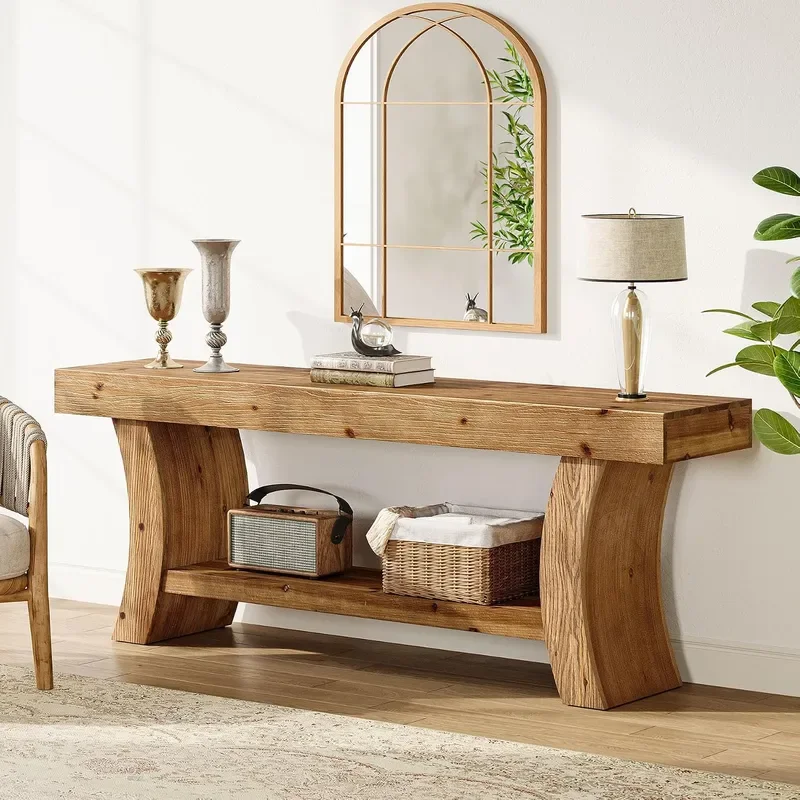 63 Solid Wood Console Table 2-Tier Farmhouse Sofa Table with Storage Shelf Wooden Hallway Table for Entry Living Room Behind