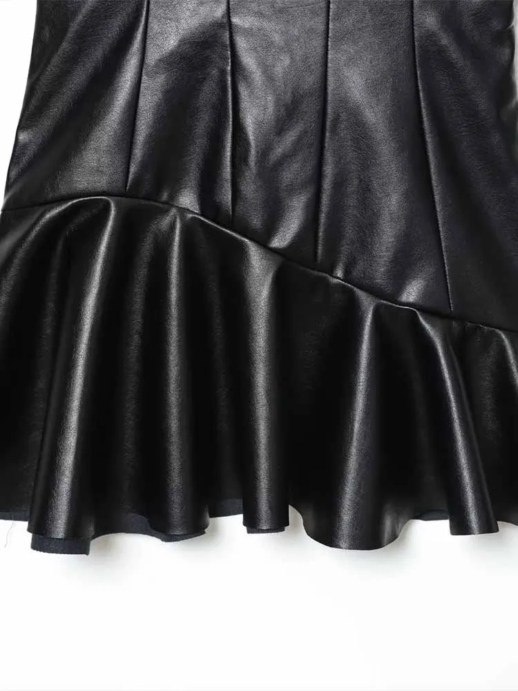 Estilo europeu e americano inverno nova moda roupas femininas elegante fino ajuste de couro falso em camadas decoração vestido curto