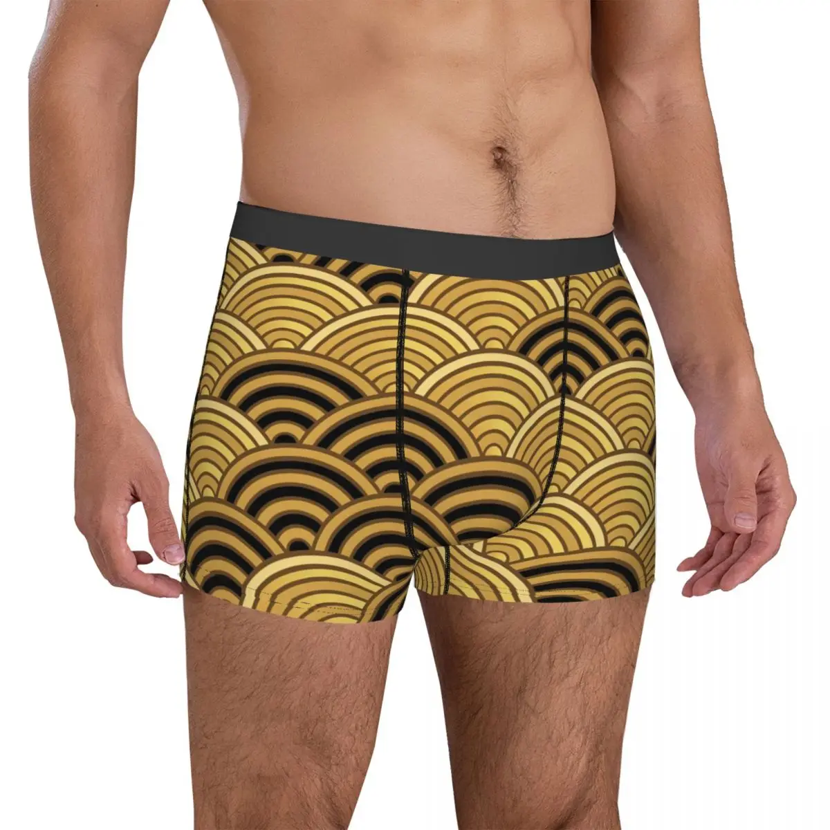 Japanese Wave Underwear Gold Seigaiha Elastic Underpants Design Boxer Brief Pouch Males Large Size Boxershorts