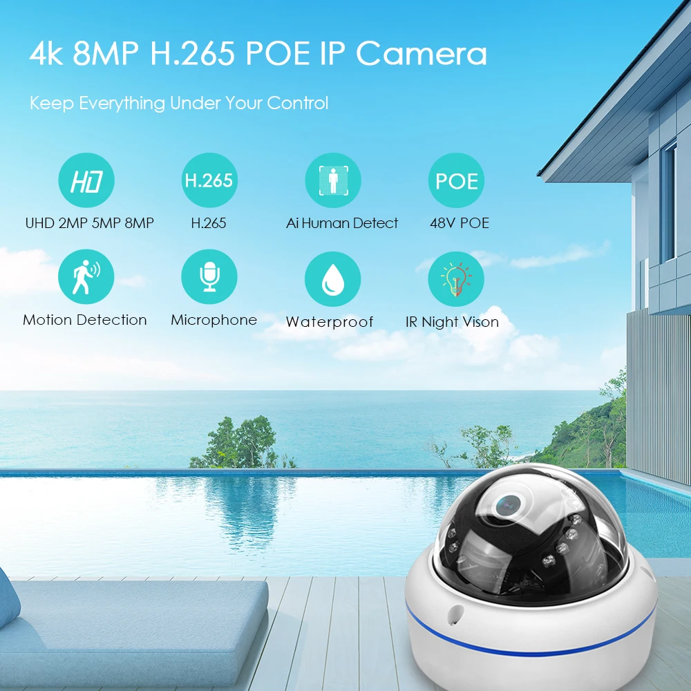 BESDER 4K 8MP H.265 POE kamera IP Audio AI wykrywanie humanoidalne 1080P wandaloodporna kamera kopułkowa do nadzoru wideo IR Night Vision