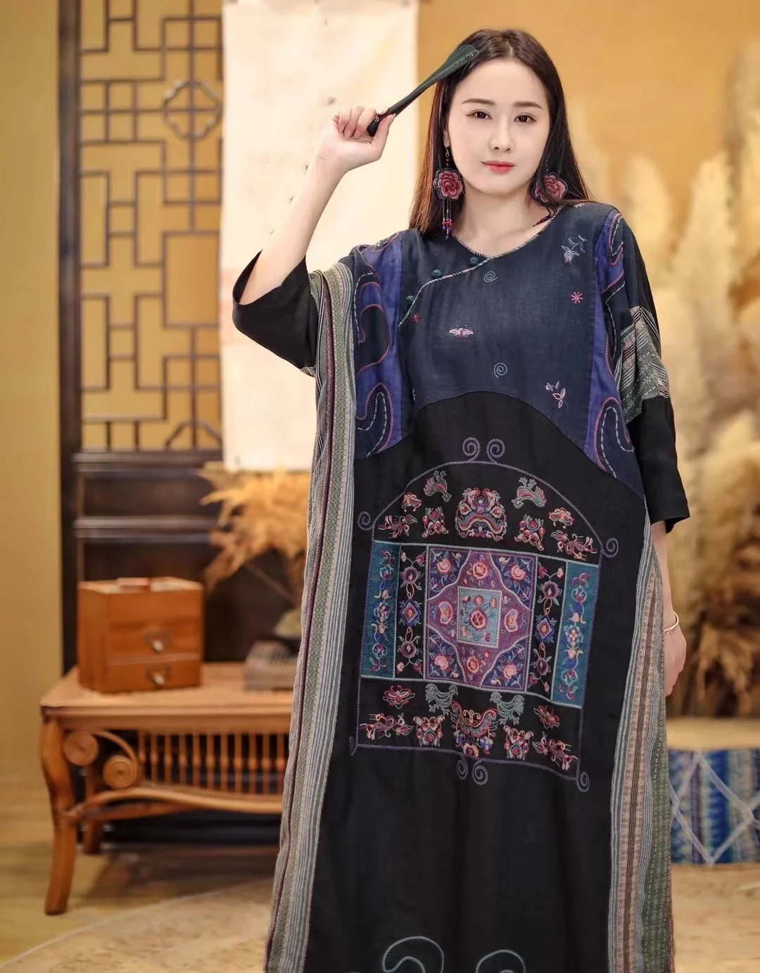 100% linen vintage dress Chinese style loose embroidery robe long dresses fashion plus size spring dress ethnic women clothes