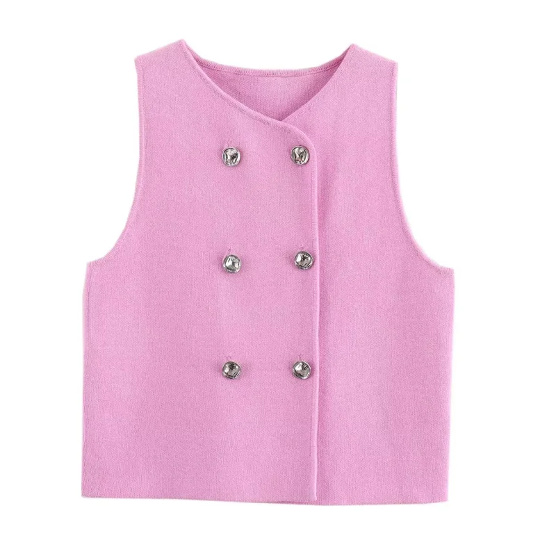 TRAF Sweater Lady Vests Sleeveless Pink Knitted Vest For Women Fall Round Neck Short Sweaters Vests Elegant Knit Vests Woman