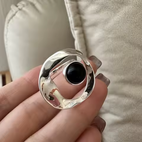 925 Sterling Silver Rings For Women Geometric Fine Jewelry Finger Adjustable Vintage Circle Black Beads Ring For Birthday Gift