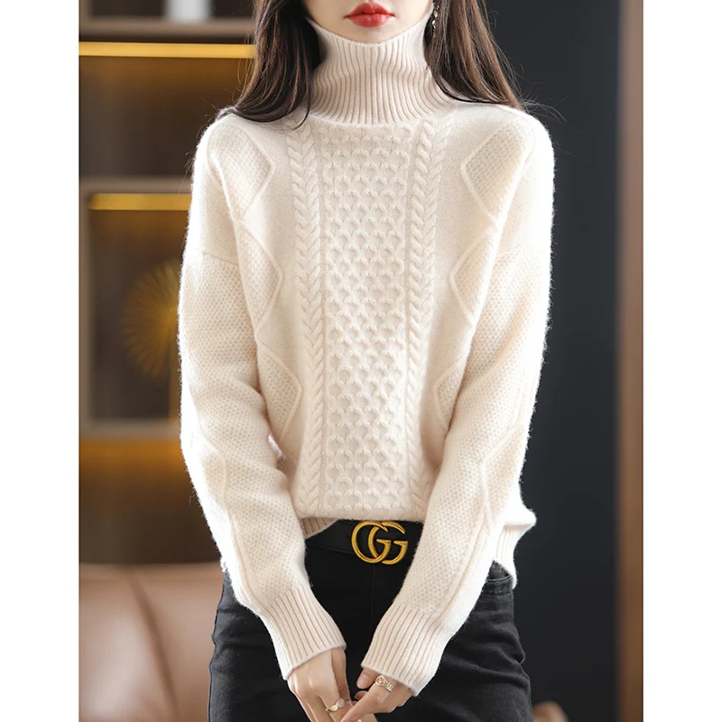 2023 Autumn And Winter Pure Woolen Sweater Long Sleeved Women\'s Loose Fashion High Neck Twisted Flower Knitted Bottom Shirt