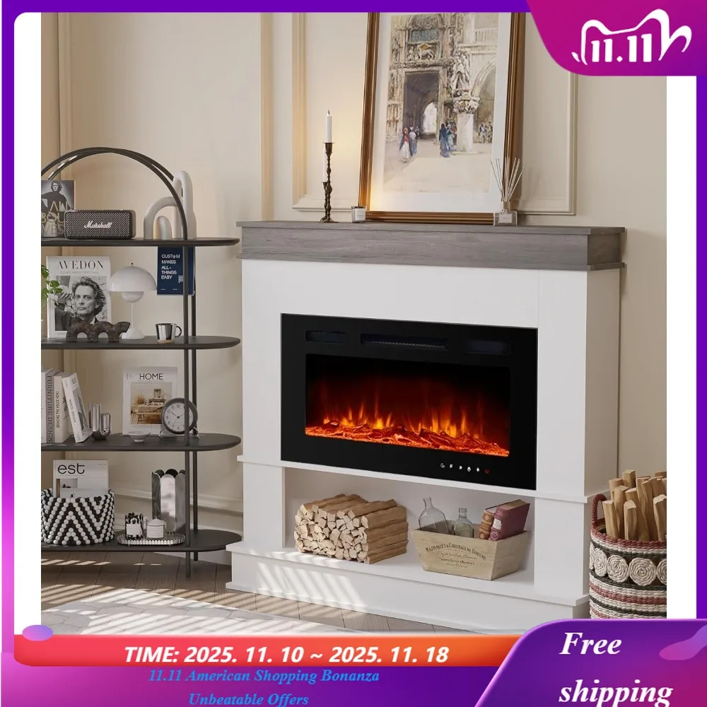 

Электрический камин с каминной каминью, отдельно стоящий камин с обогревателем и 12 регулируемыми цветами пламени для гостиной