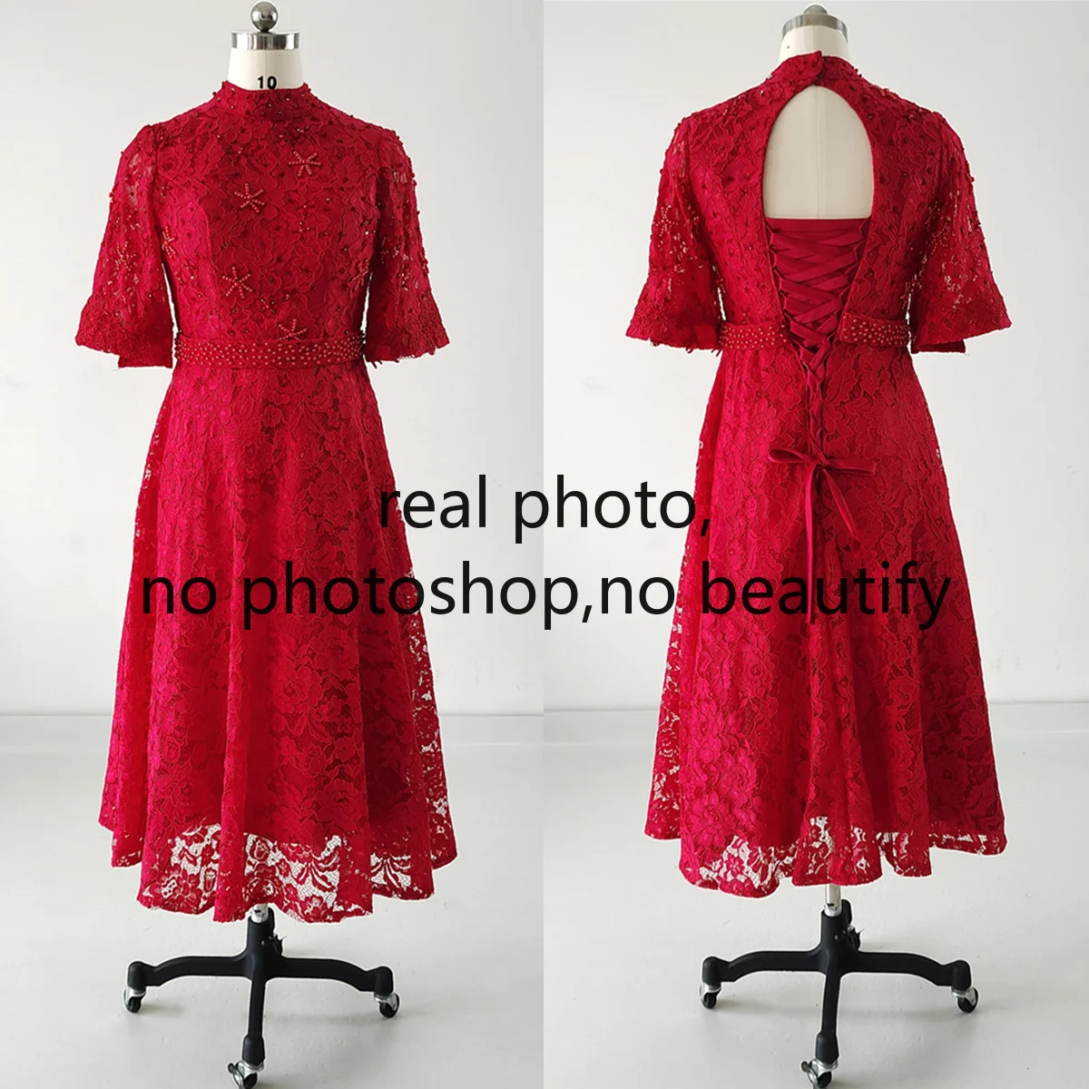 

Real Photo Evening Dress Burgundy Lace Beads High Collar Half Sleeves Lace up A-line Tea-length Plus size Lady Party Formal Gown