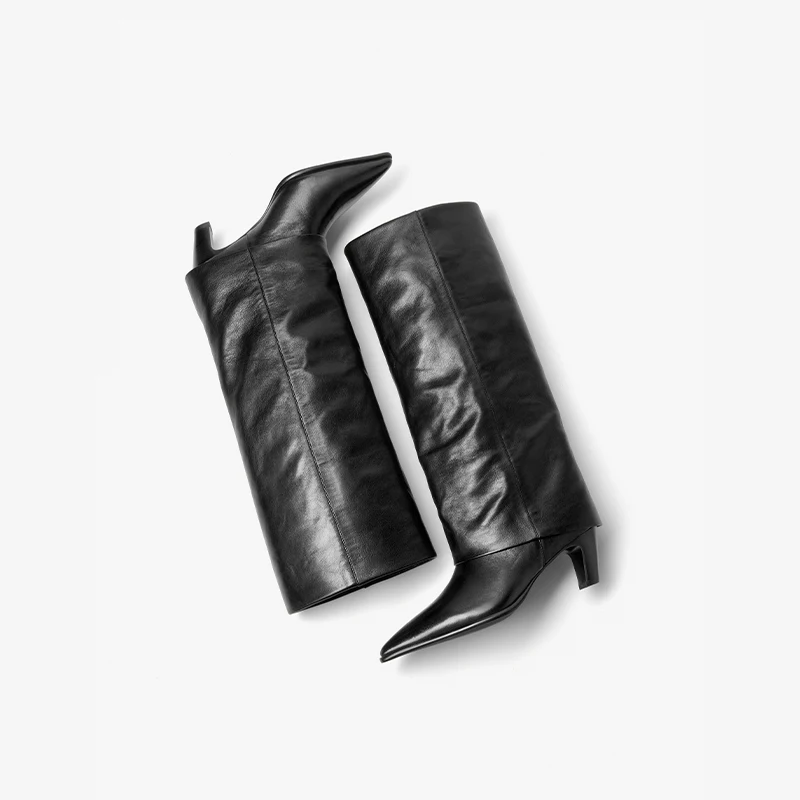 BEAUTODAY Long Boots Women Genuine Sheepskin Leather Pointed Toe Solid Color Knee High Boots Slip-on Ladies Shoes Handmade 01351