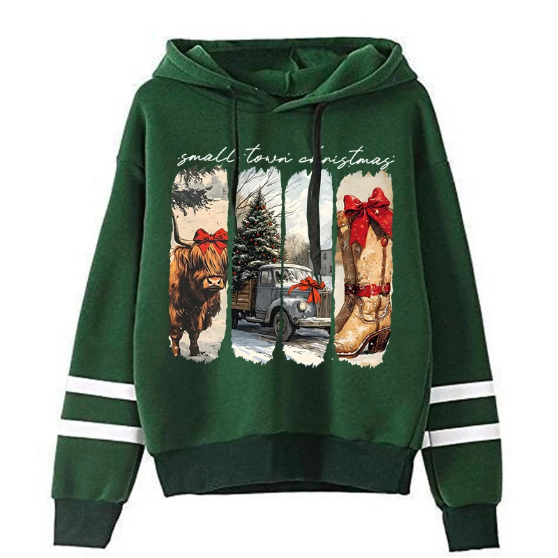 Vintage Small Town Christmas Women's Hoodies Western Cowgirl Highland Cow Christmas Pullover Small Town Girl Female Xmas Hoody