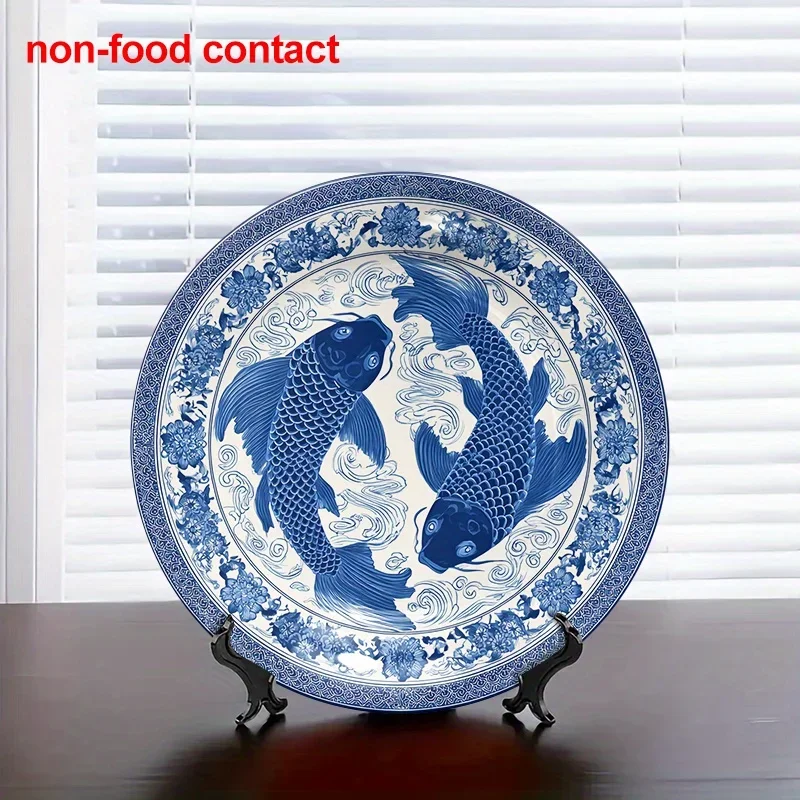 Large 8-Inch Blue and White Porcelain Koi Fish Wall Art Plaque - Vintage Chinese Style Ceramic Decorative Plate for Home, Ideal