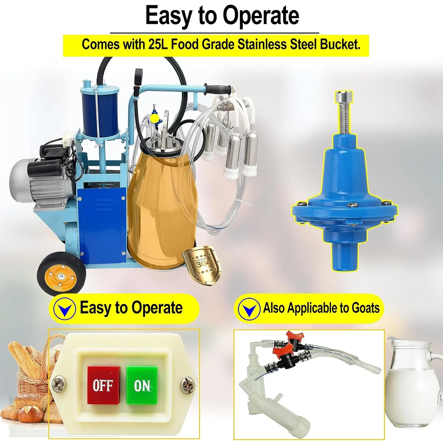 آلة الحلب الكهربائية 550 واط آلة حلب المكبس للبقرة/الأغنام البقرة الماعز المكبس الحالب مع برميل 25L