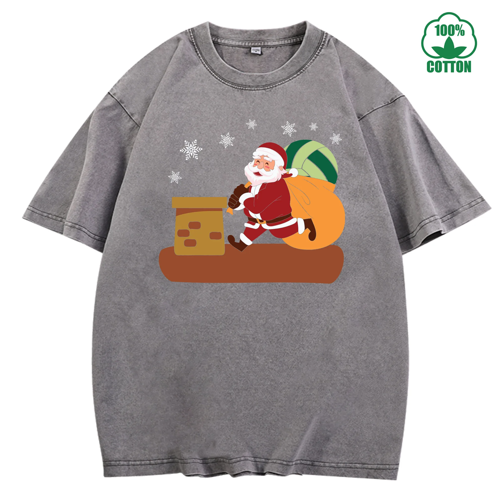 تي شيرت سانتا كلوز يعطي هدية تي شيرت كلاسيكي مغسول 230 جرام 100% قطن للجنسين ملابس شارع كبيرة الحجم مريحة